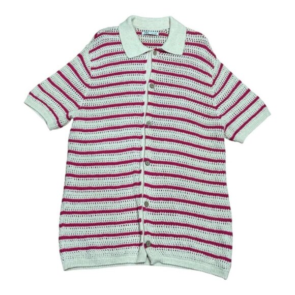 Zara Sweater Womens Medium Striped Button Up Short Sleeve Knit Collared Pullover - Picture 1 of 9
